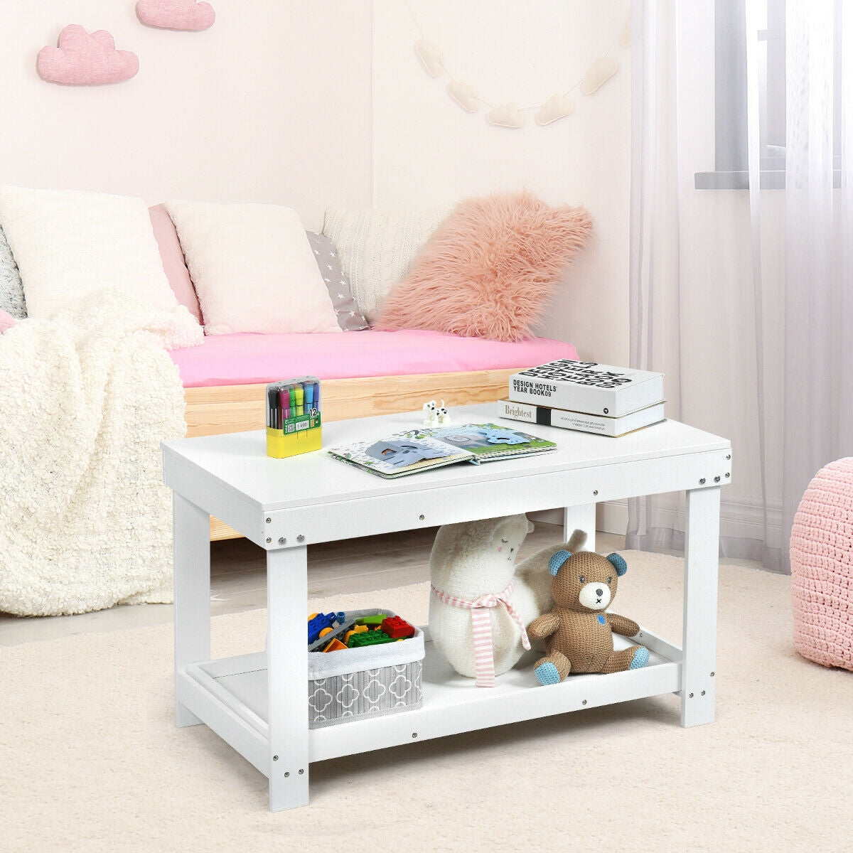 Kids Building Brick Play Table - White, Multifunctional Wooden Activity Table for Children