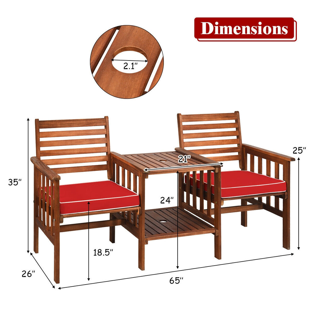 3-Piece Outdoor Loveseat Set with Coffee Table - Acacia Wood, Red