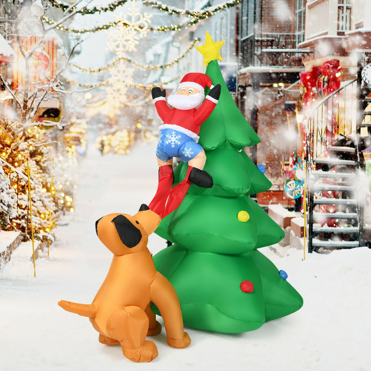 Outdoor Inflatable Christmas Tree with Santa and LED Lights - 6.5 Feet, Dog Chasing Santa Variation
