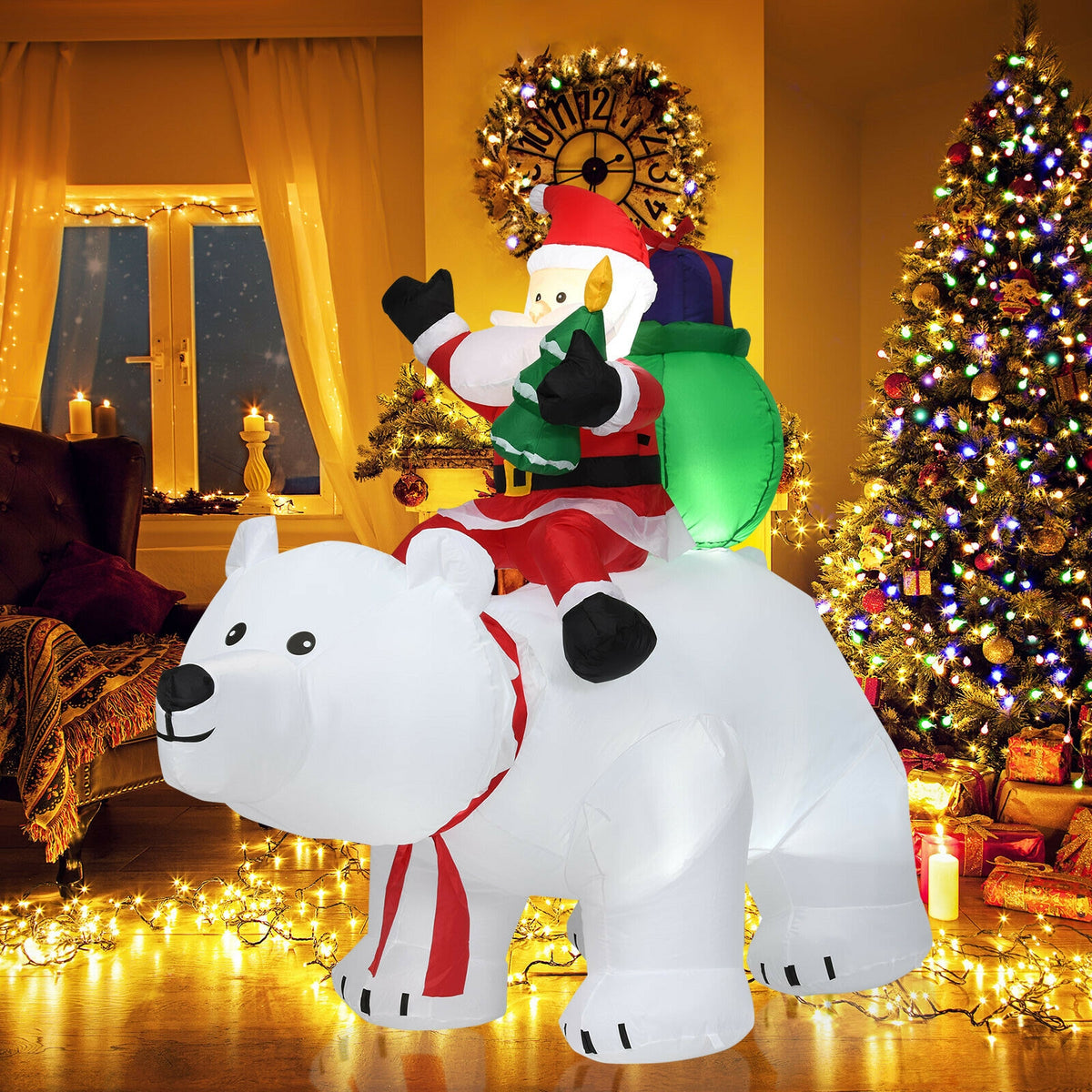 Christmas Inflatable Santa Riding Polar Bear with Shaking Head & LED Lights - 6.5 Feet - Variation: Santa Claus Riding White Bear