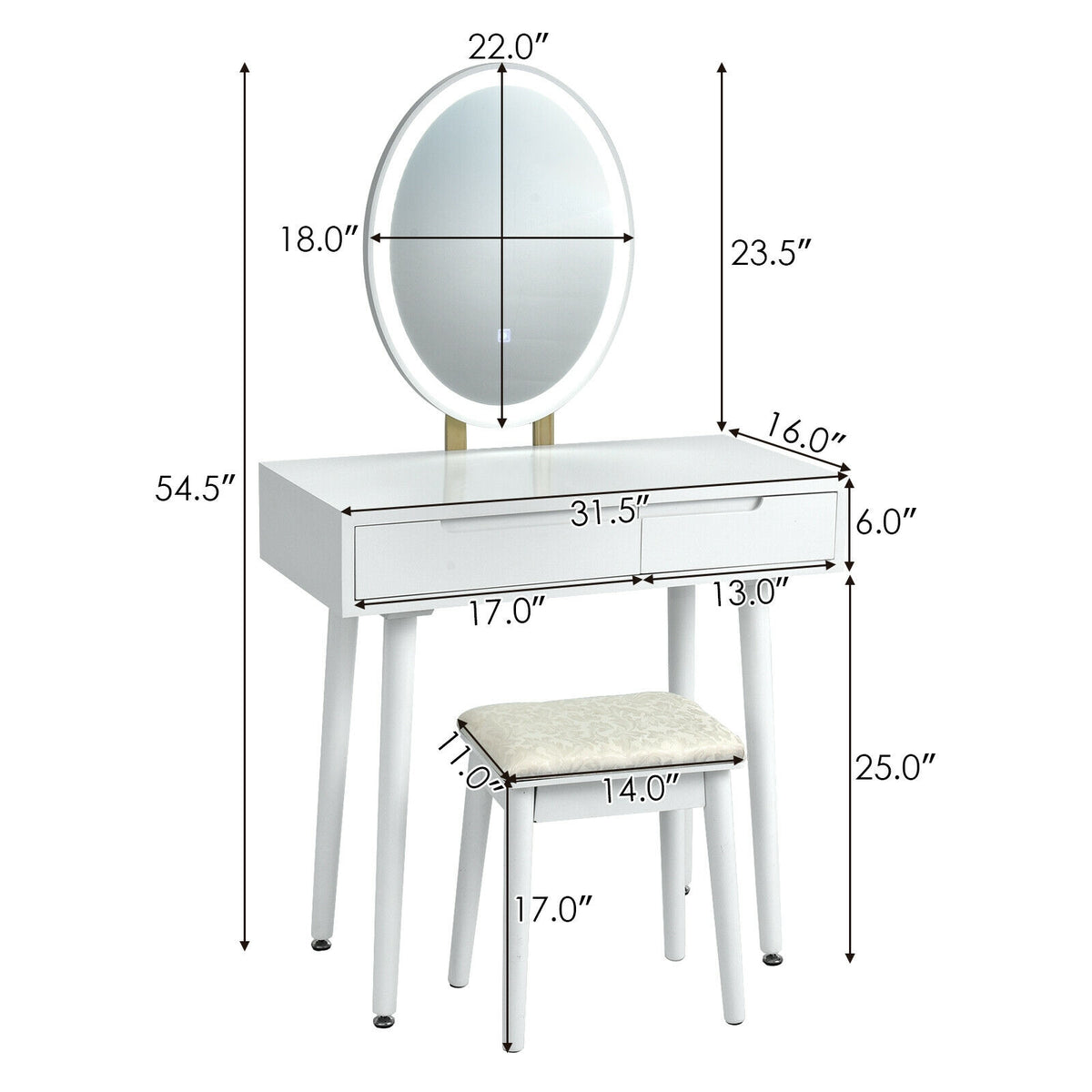 Lighted Makeup Vanity Table with Stool - White