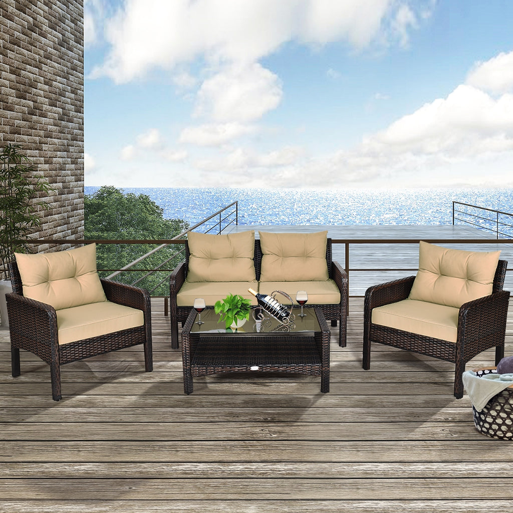 4-Piece Patio Rattan Sofa Set with Coffee Table - Red