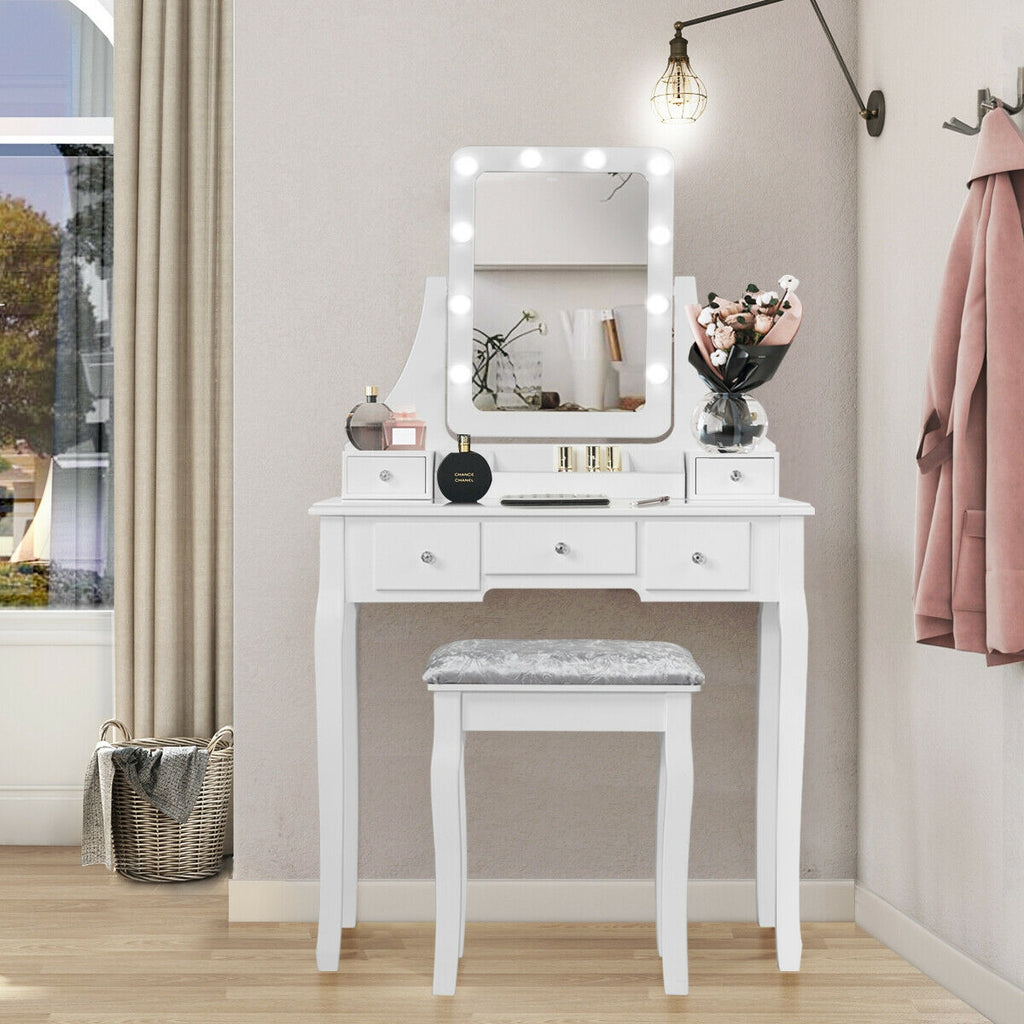 Dressing Table with 10 Dimmable Bulbs and Cushioned Stool, White