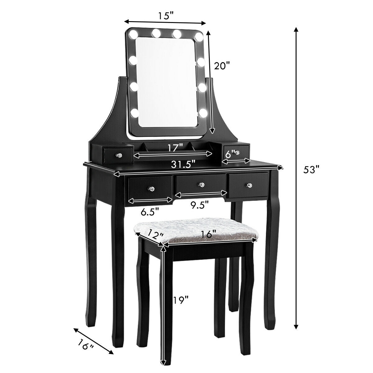 Dressing Table with 10 Dimmable Bulbs and Cushioned Stool - Black