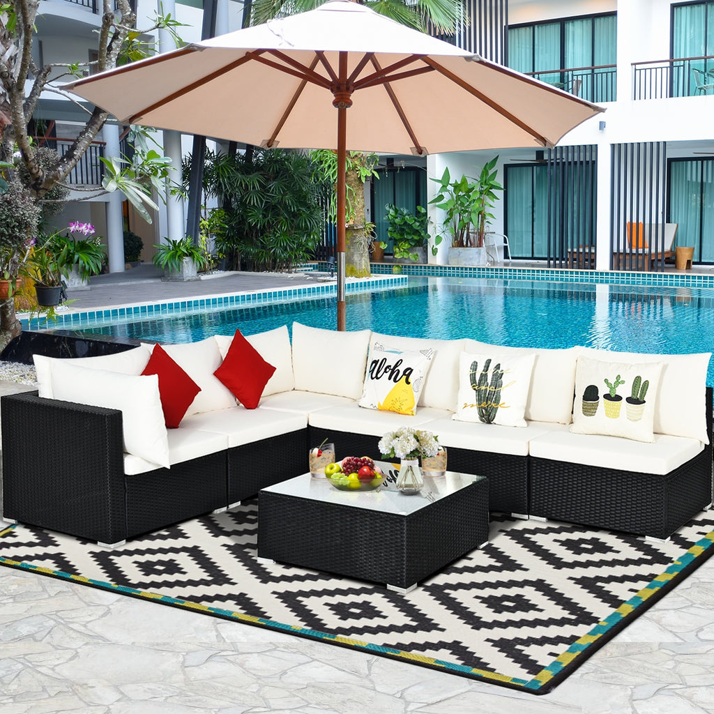 7-Piece Sectional Wicker Sofa Set with Coffee Table – Black Rattan, Beige