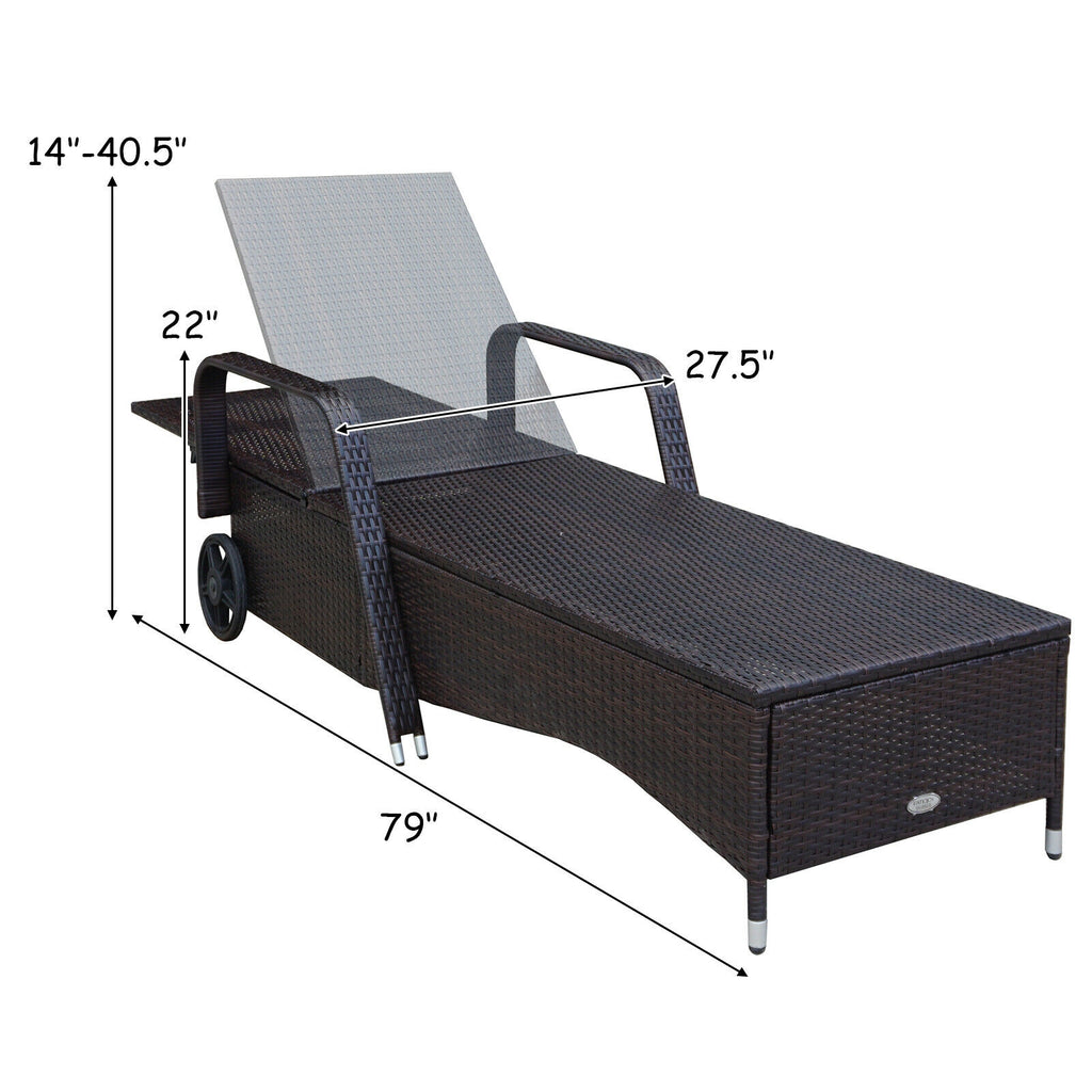 Patio Wicker Chaise Lounge Chair with Wheels - White