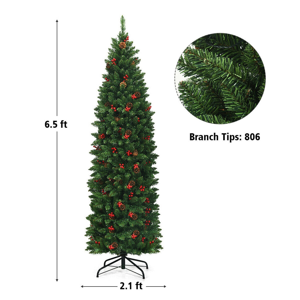 Pre-lit Artificial Christmas Tree 6.5Ft Slim Hinged Pencil Tree with Lights & Decorations