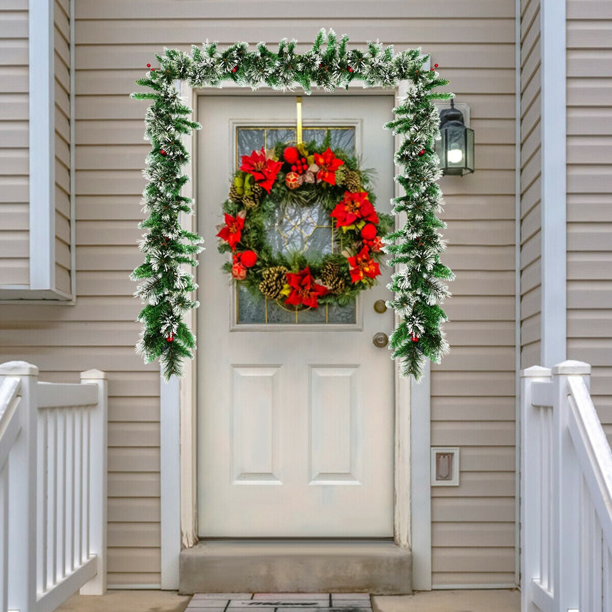 9 Feet Pre-lit Snow Flocked Christmas Garland with Red Berries - Indoor Outdoor Decor