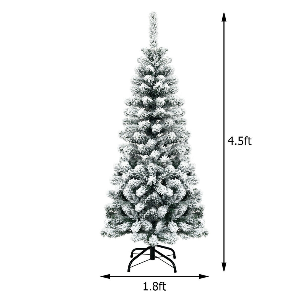 Pre-Lit Snow Flocked Pencil Christmas Tree with 150 LED Lights - 4.5 Feet