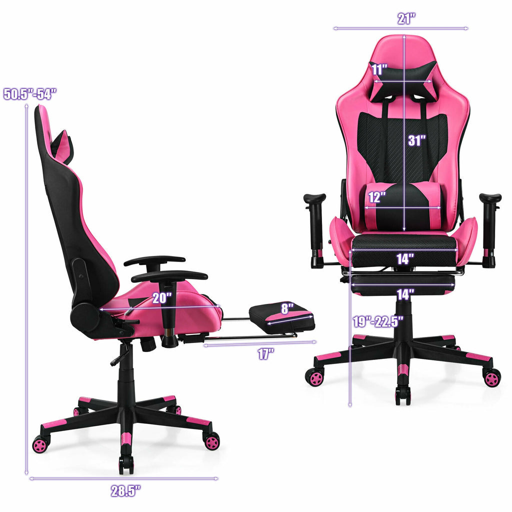 PU Leather Gaming Chair with USB Massage Lumbar Pillow, Footrest – Type-C, Pink