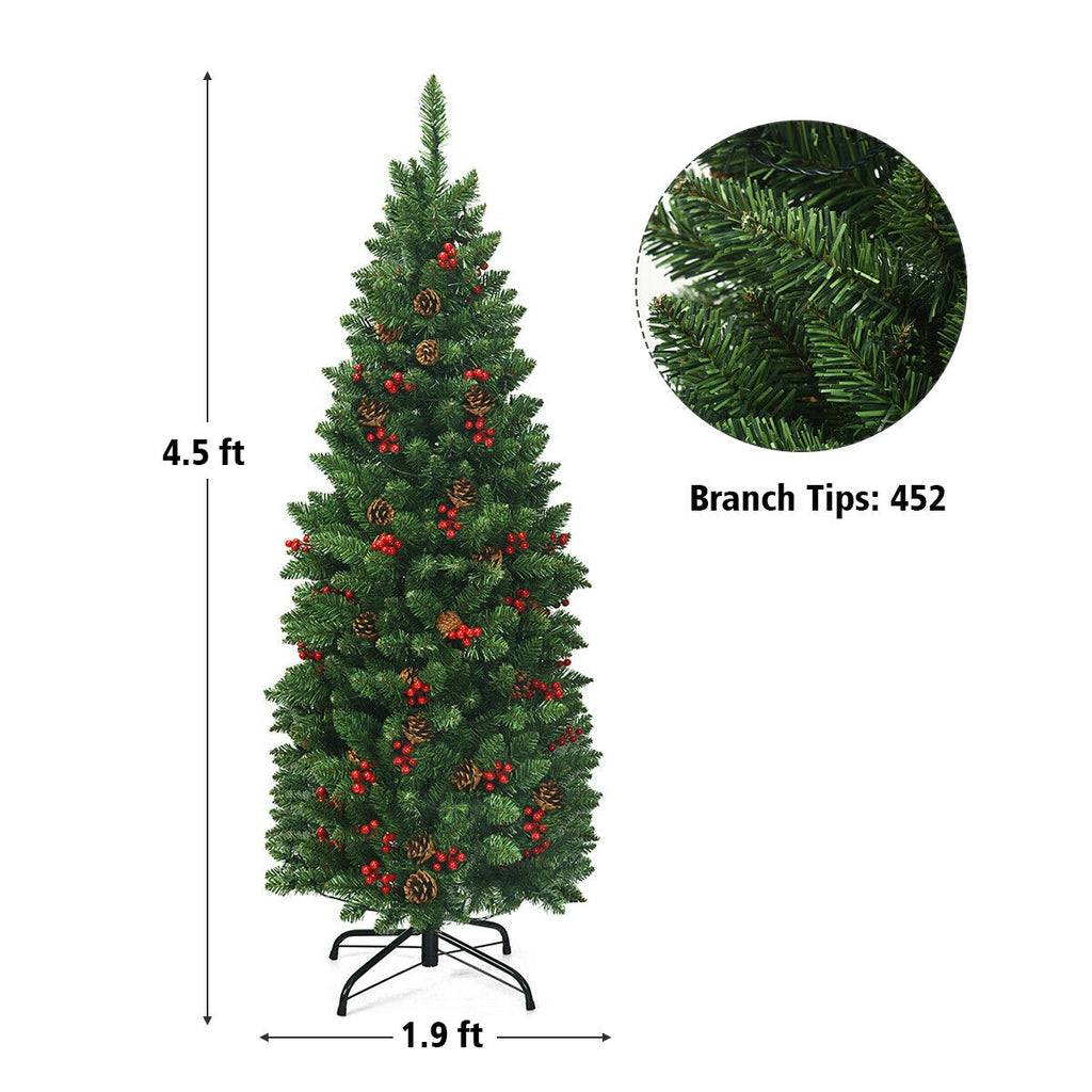 Pre-lit Hinged Pencil Christmas Tree with Pine Cones & Red Berries - 4.5 Feet