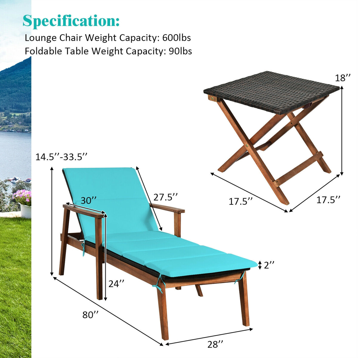 3 Pieces Portable Patio Cushioned Rattan Lounge Chair Set with