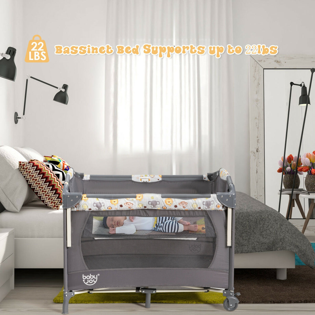 3-in-1 Portable Baby Playard with Music Box, Wheels & Brakes - Dark Gray Variation