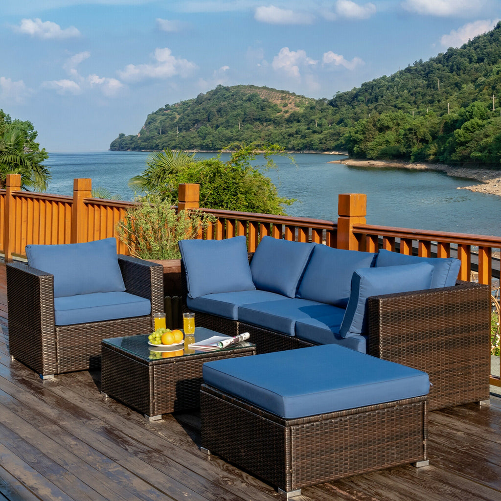 6-Piece Patio Rattan Sectional Set with Cushions - Blue