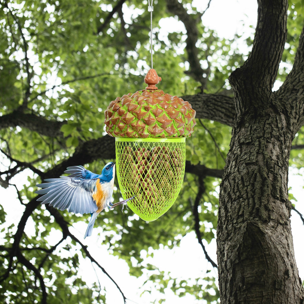 Metal Acorn Bird Feeder with Iron Mesh & Top Lid - Outdoor Hanging Food Dispenser, Brown
