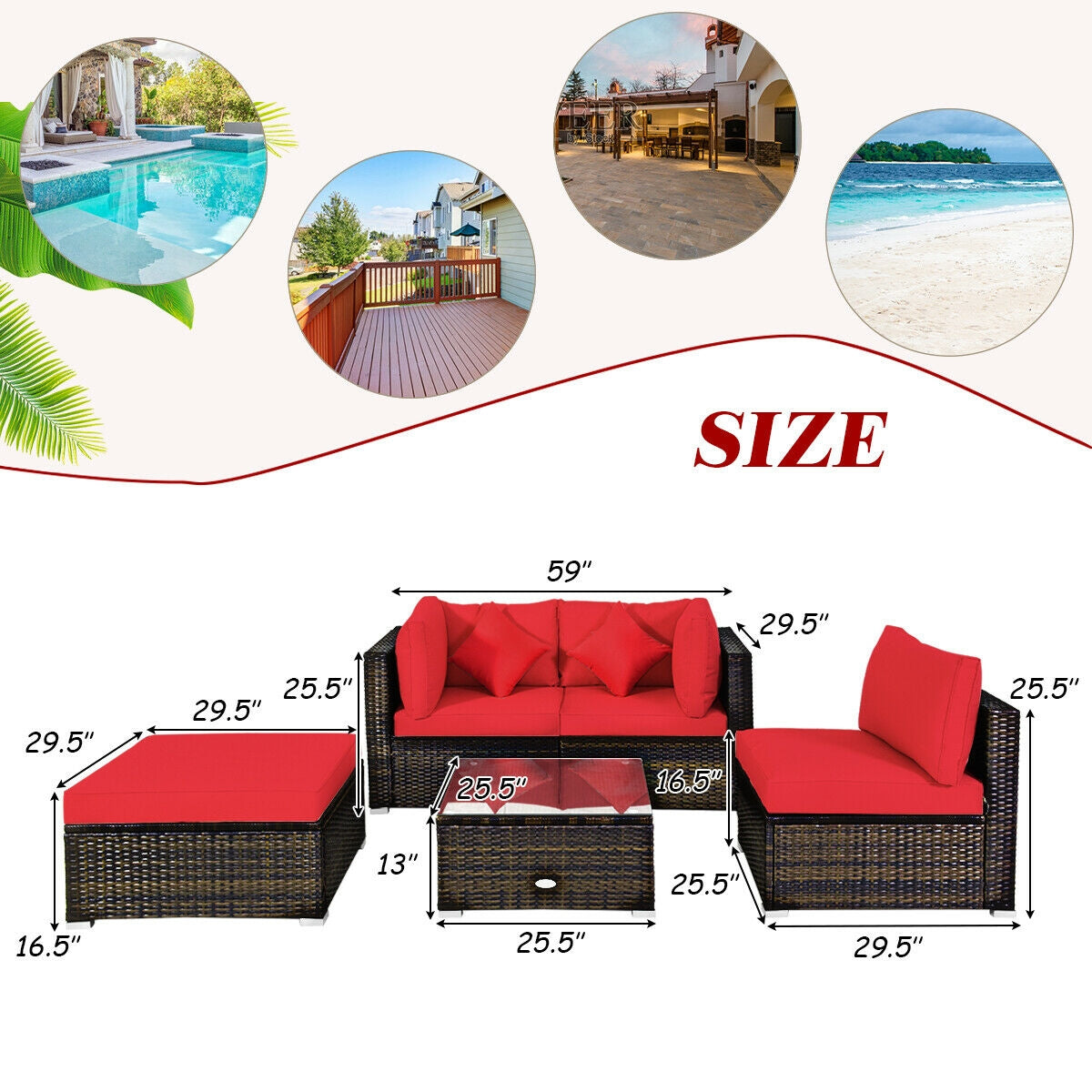 5 Pieces Outdoor Patio Rattan Furniture Set Sectional Conversation
