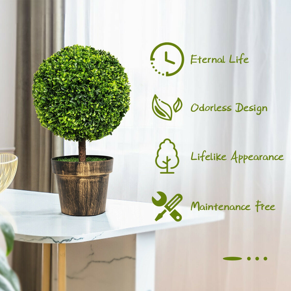 Artificial Boxwood Topiary Ball Tree with Moss - 24 Inch Faux Plant for Indoor & Outdoor Decor - Set of 2