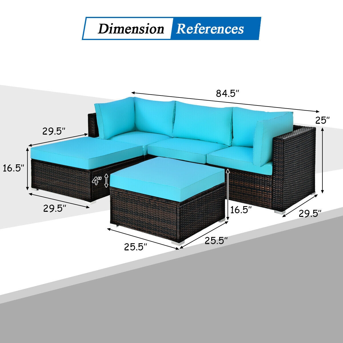 5-Piece Patio Sectional Sofa Set with Ottoman & Cushions - Blue
