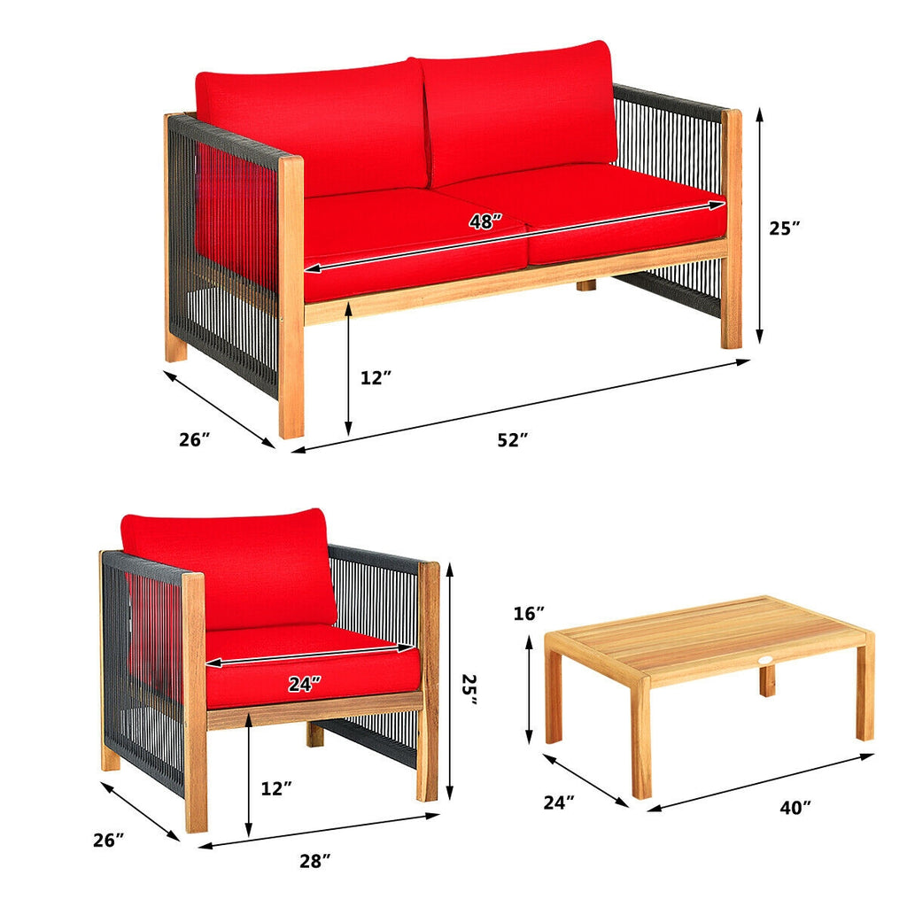 Acacia Wood Outdoor Sofa Set with Cushions - Red