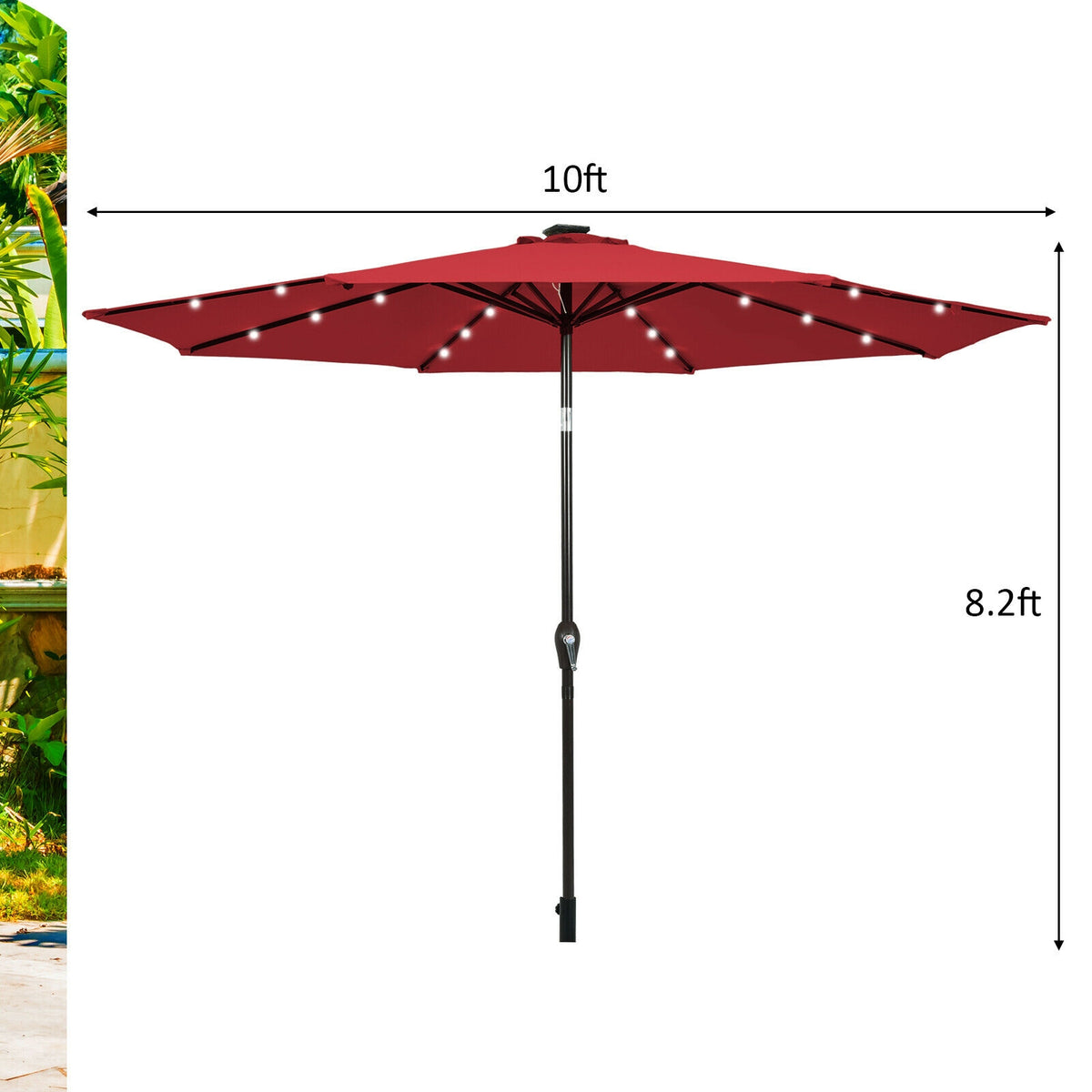 10 FT Patio Umbrella with Solar LED Lights - Dark Red
