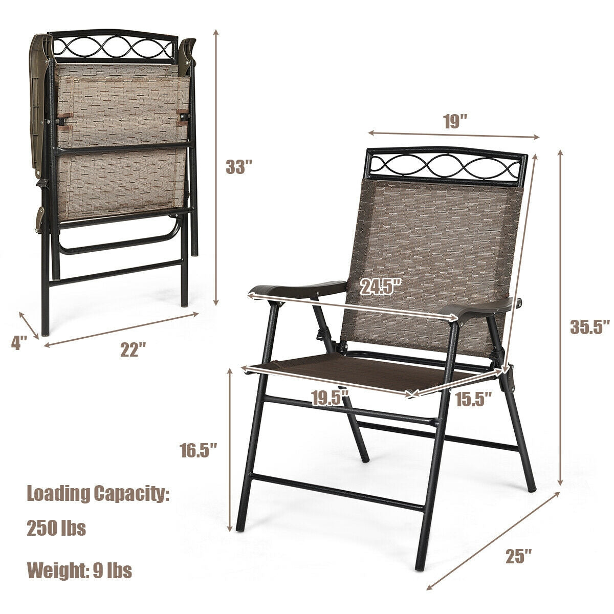 Set of 2 Patio Folding Chairs Sling Portable Dining Chair with Armrest