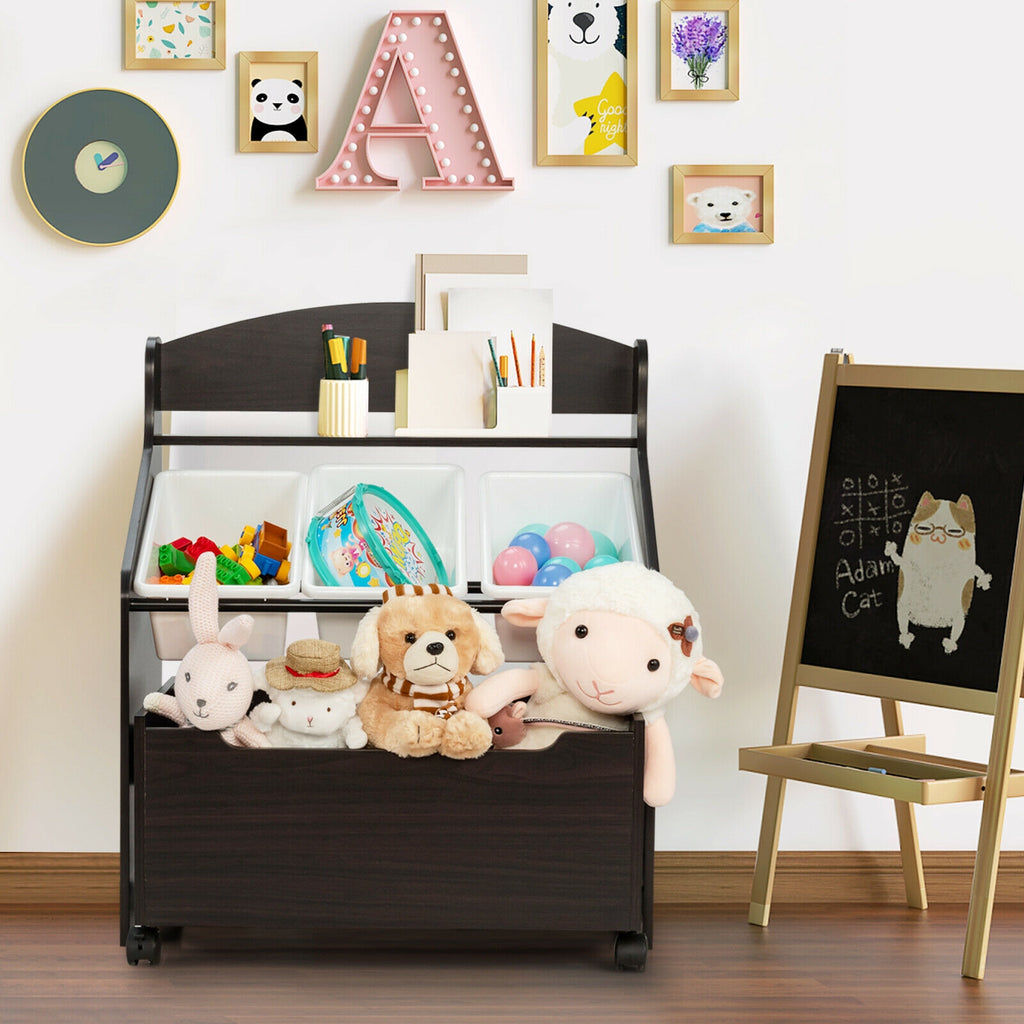 Kids Toy Storage Organizer with Rolling Toy Box and Plastic Bins - Dark Brown