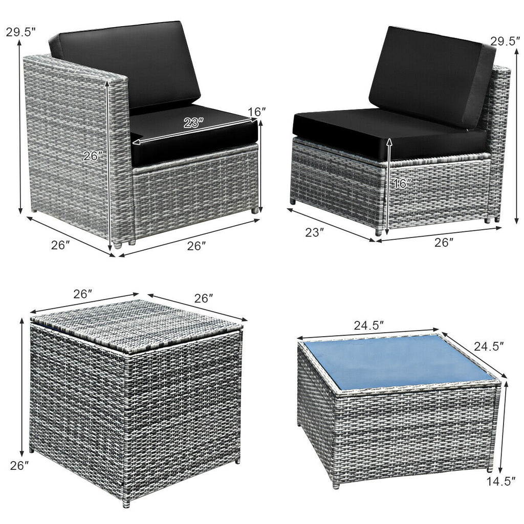 8-Piece Rattan Sofa Set with Storage Table - Gray Rattan, Black