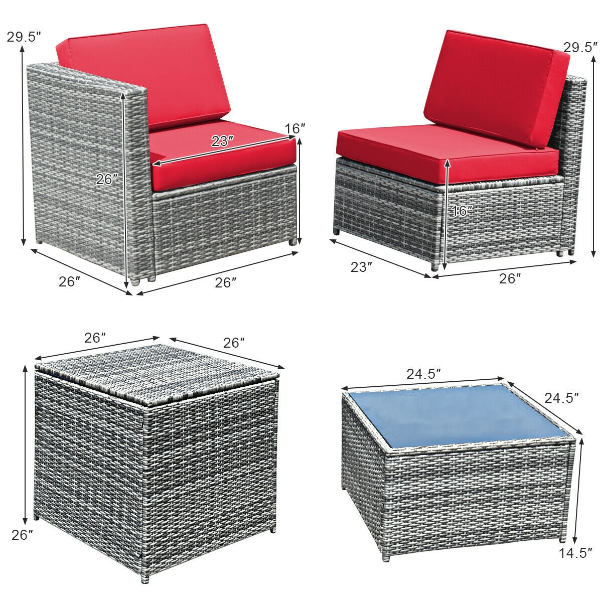 8-Piece Rattan Sofa Dining Set with Storage Table - Gray Red