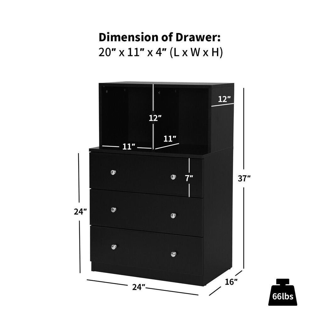 3 Drawer Dresser with Cubbies Storage Chest - Black