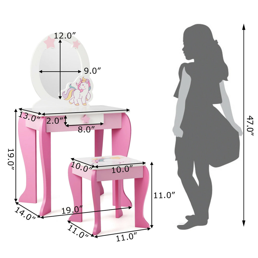 Kids Vanity Set Makeup Dressing Table and Chair with Mirror & Drawer - Pink