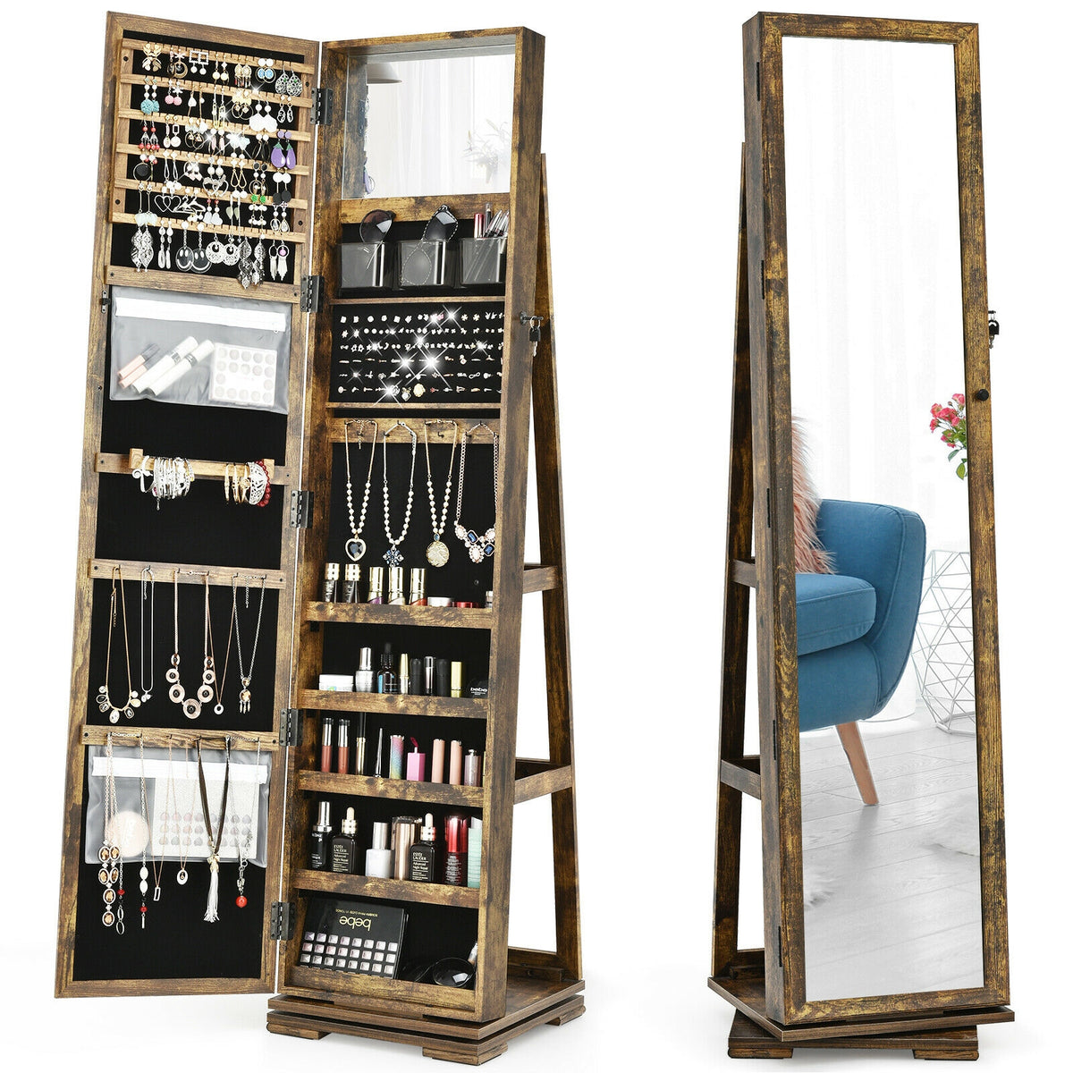 360° Rotating Jewelry Cabinet with Mirror, Rustic Brown - 3 Shelves