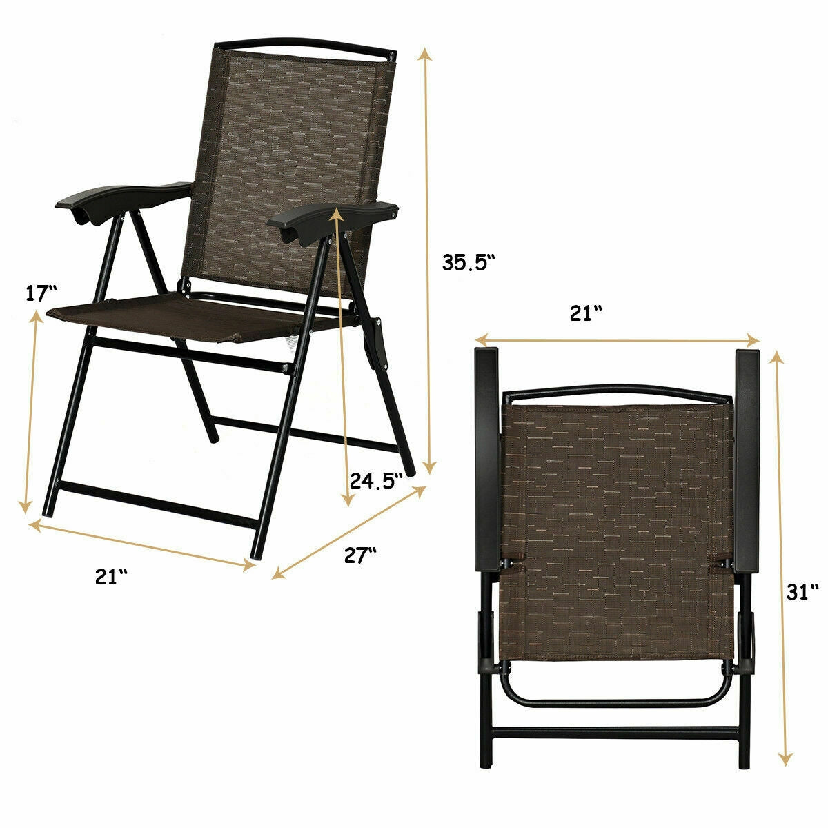 2 Pieces Folding Sling Chairs with Smooth Armrests and Adjustable