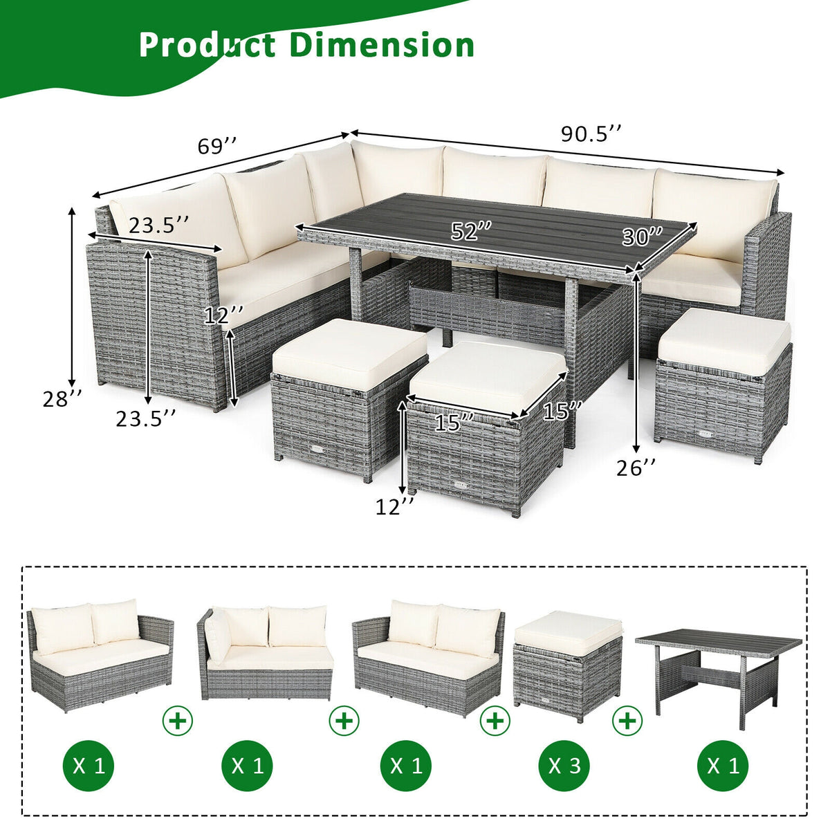 7-Piece Outdoor Wicker Sectional Sofa Set with Dining Table - Beige