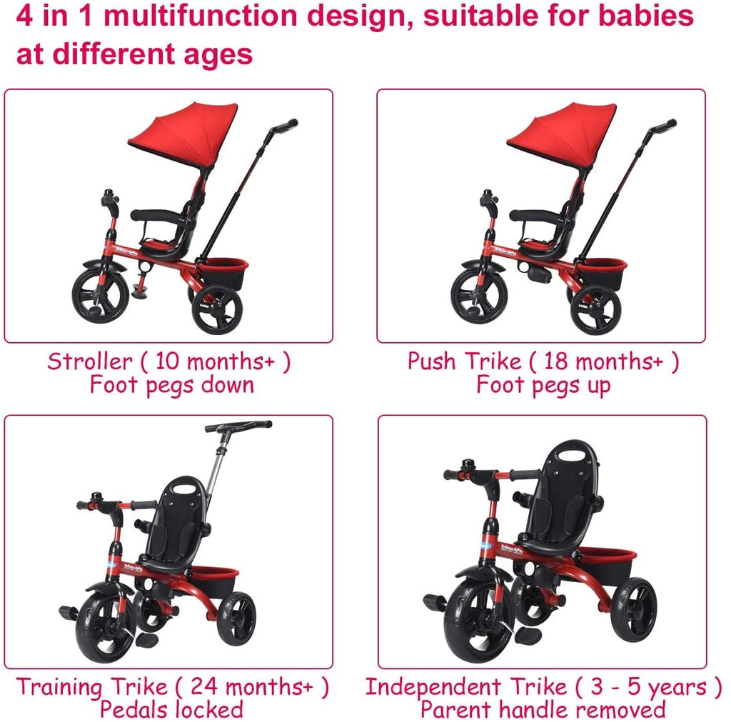Kids Tricycle with Adjustable Push Handle - Red Safety & Comfort Features