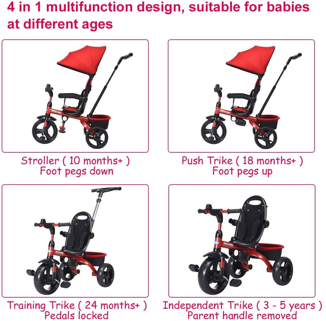Kids Tricycle with Adjustable Push Handle - Red Safety & Comfort Features