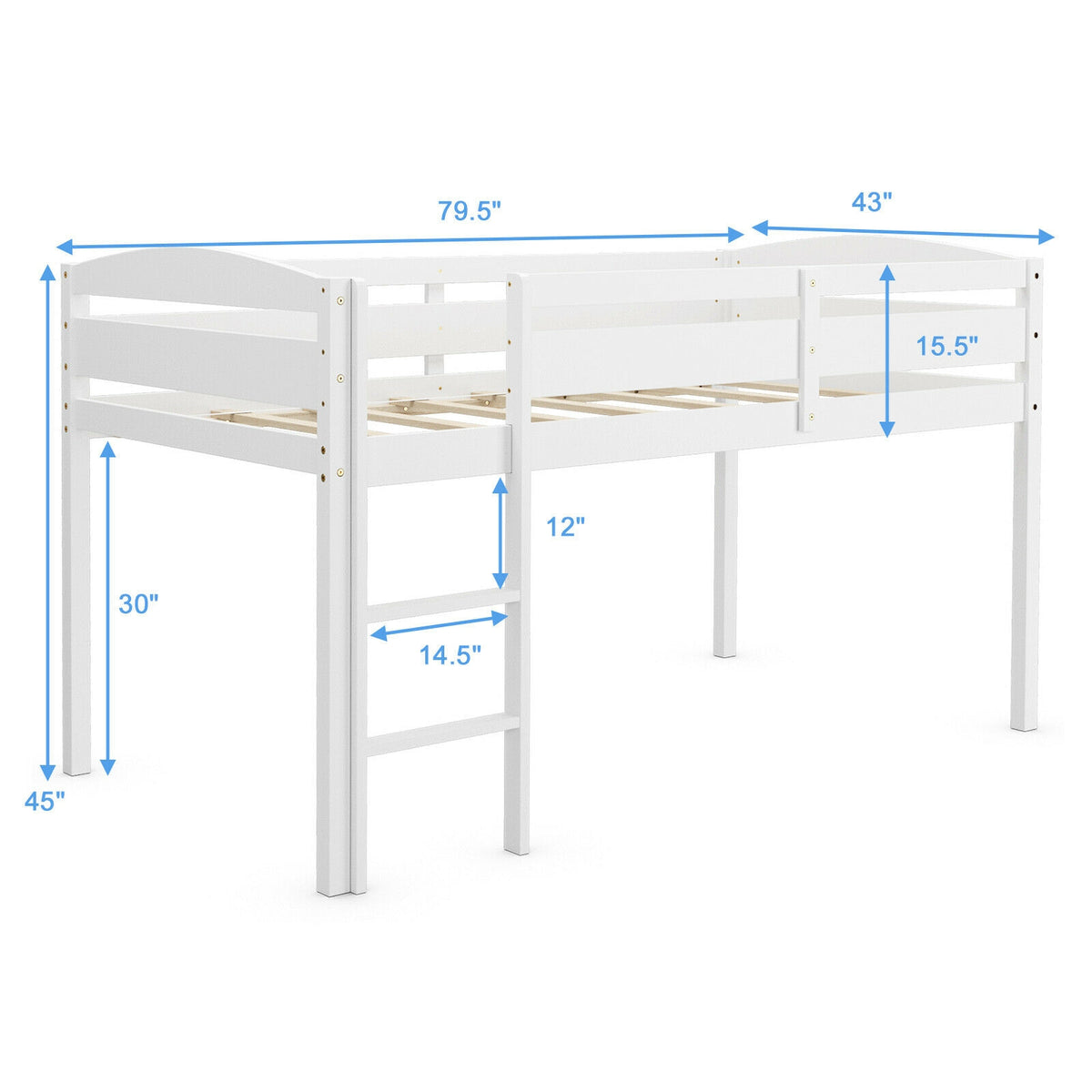 Twin Loft Bed with Guardrail and Ladder, White