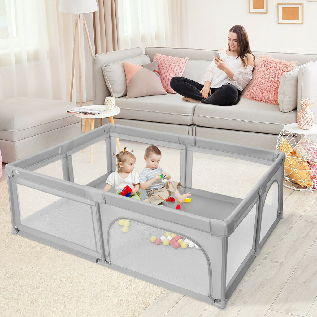 Gray 81 x 58 Inch Baby Playpen with 50 Ocean Balls & Zipper Doors - Safety & Kids Activity