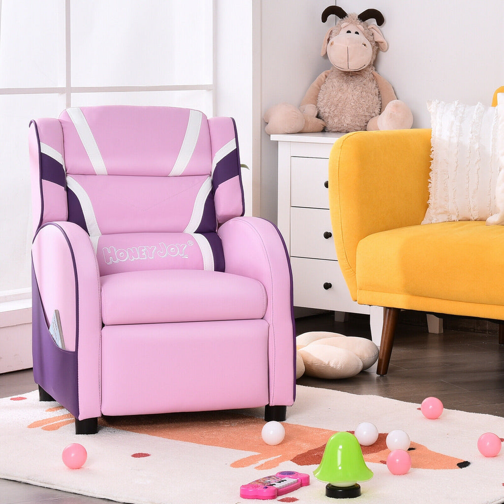 Kids Leather Recliner Chair with Side Pockets - Pink, Style B, Adjustable