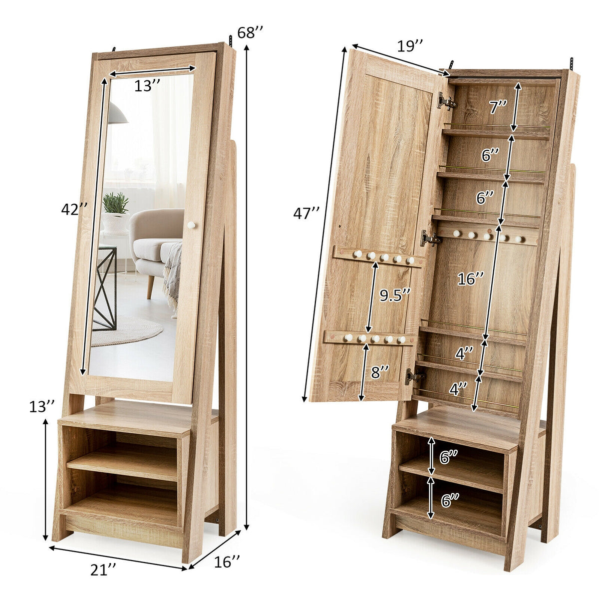 Wooden Jewelry & Cosmetics Storage Cabinet with Mirror