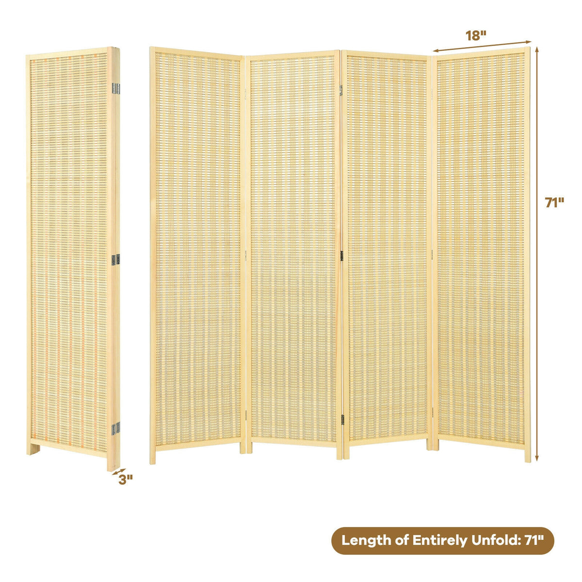 Natural 6 ft 4-Panel Portable Folding Room Divider Screen - Space Saver Privacy