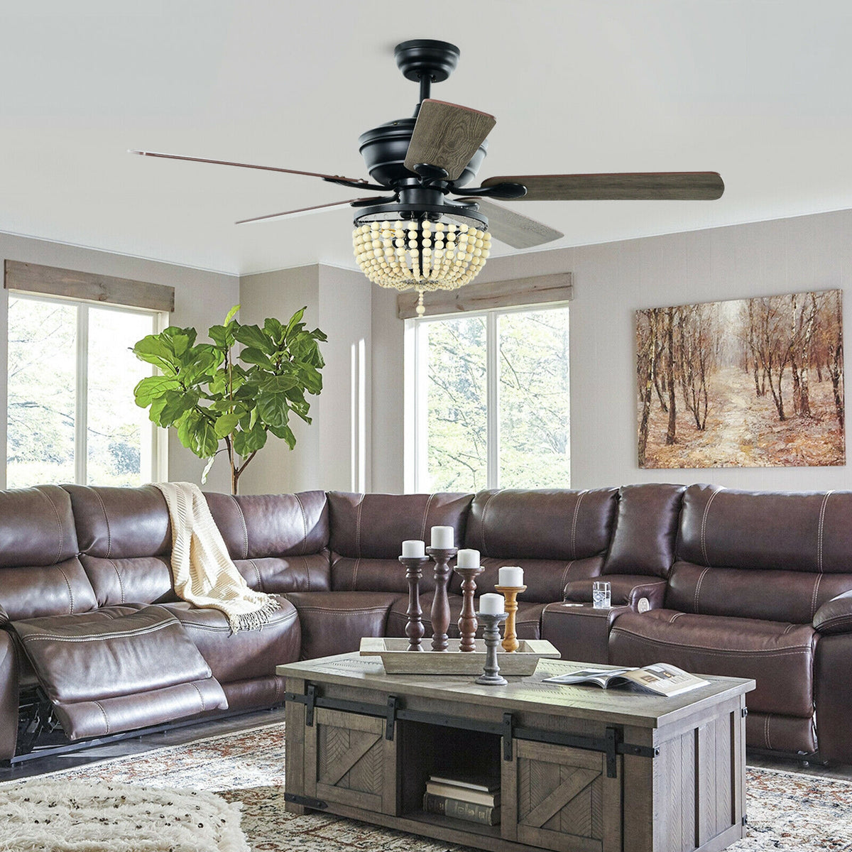 Retro Ceiling Fan Light with Reversible Blades and Remote Control - Black 52 Inch