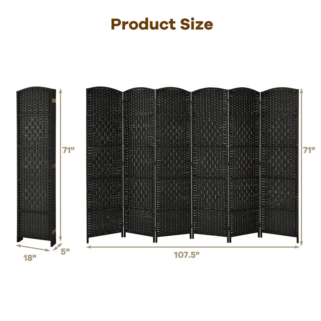 Foldable Fiber Room Divider Screen - 8-Panel Weave Fiber Privacy Divider - Black, 6 Feet