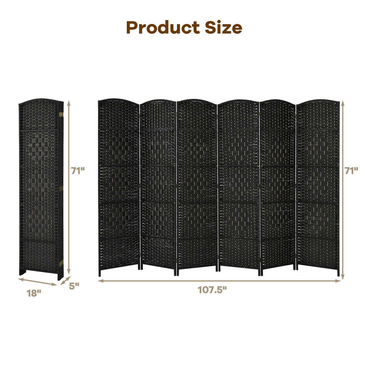 Foldable Fiber Room Divider Screen - 8-Panel Weave Fiber Privacy Divider - Black, 6 Feet