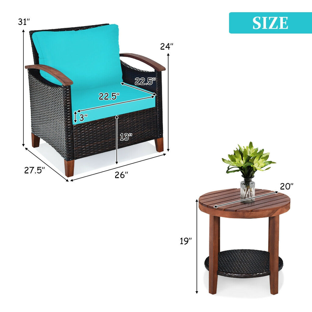 3-Piece Patio Wicker Furniture Set with Cushions - Turquoise