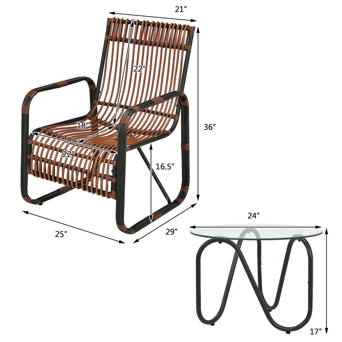 3 Pieces Patio Rattan Furniture Set with 2 Single Wicker Chairs and