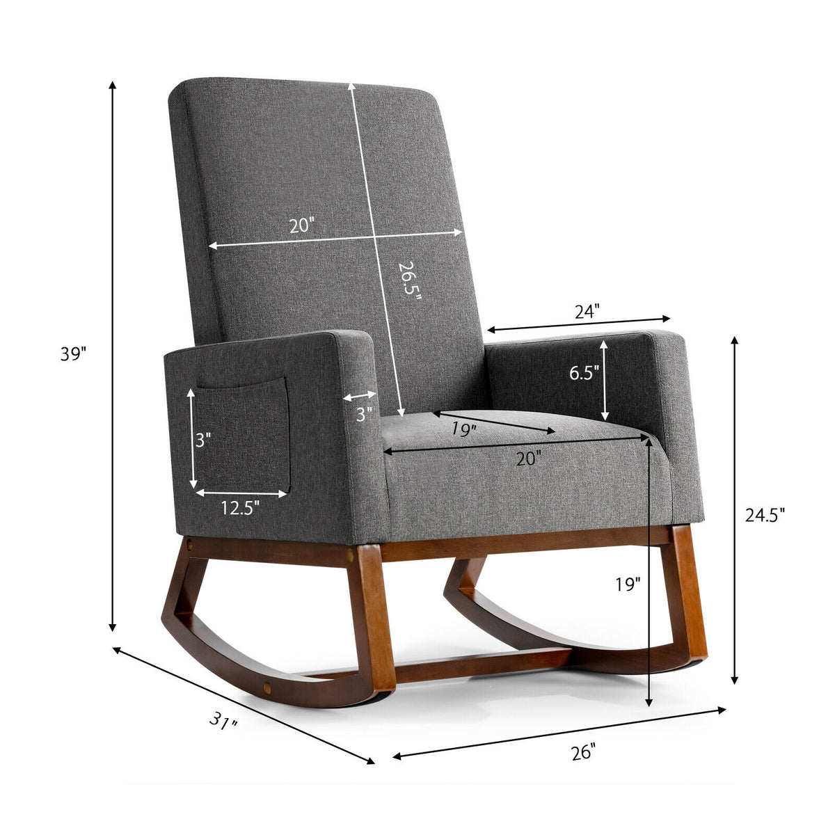 Rocking High Back Upholstered Armchair with Side Pocket - Gray