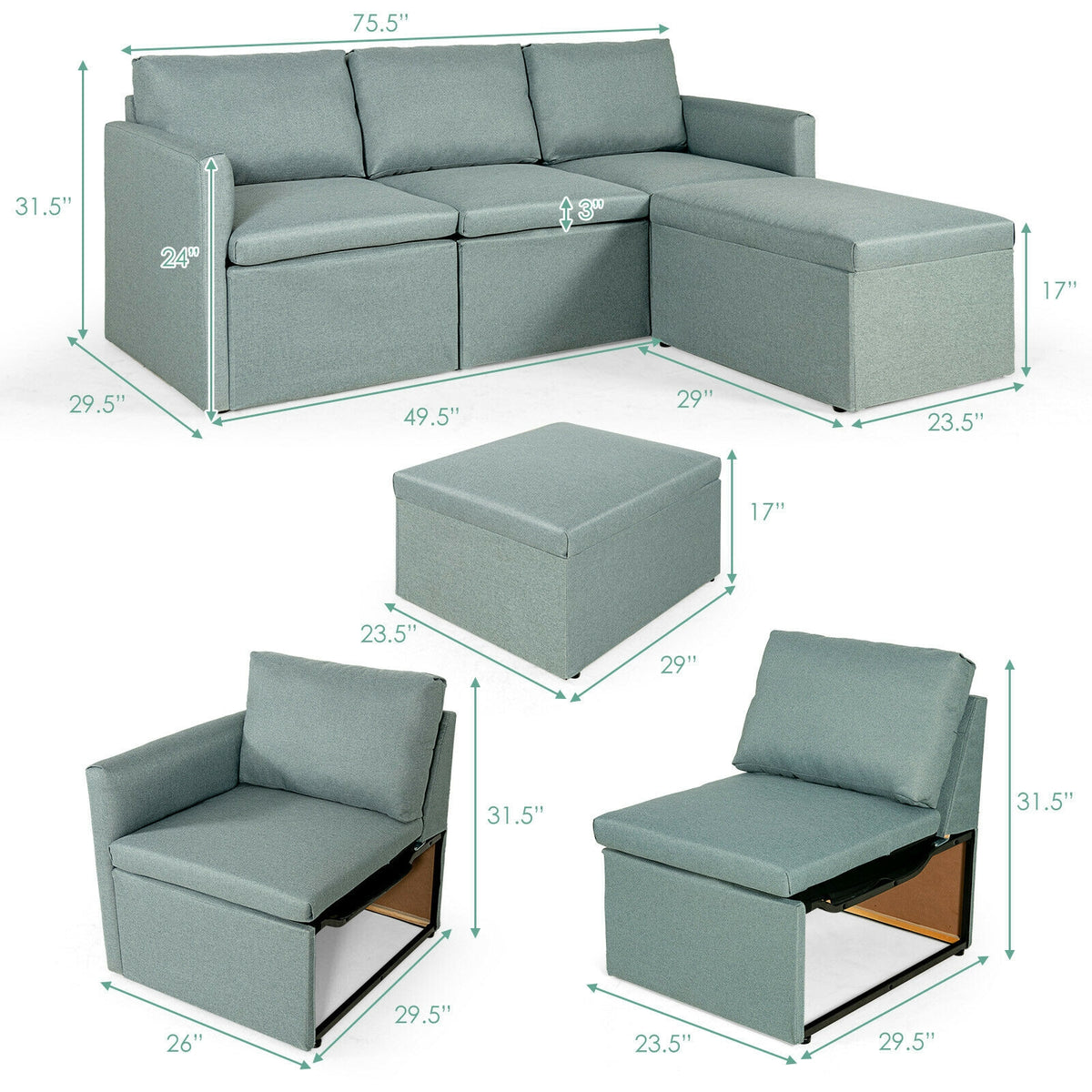 Convertible L-Shaped Sectional Sofa with Reversible Chaise - Green