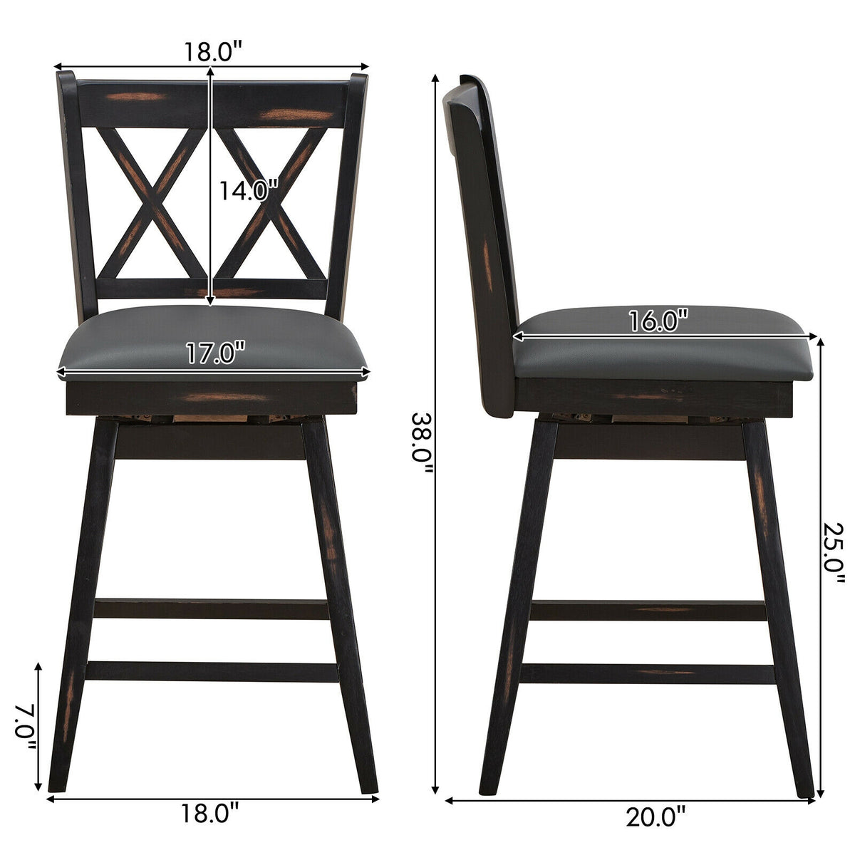 2-Piece 25" Counter Height Bar Stools with Cushion - Black