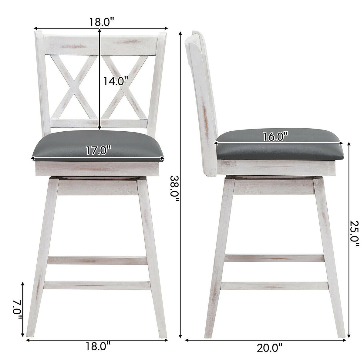 25 Inch Swivel Counter Height Bar Stools Set - Soft Cushion, White