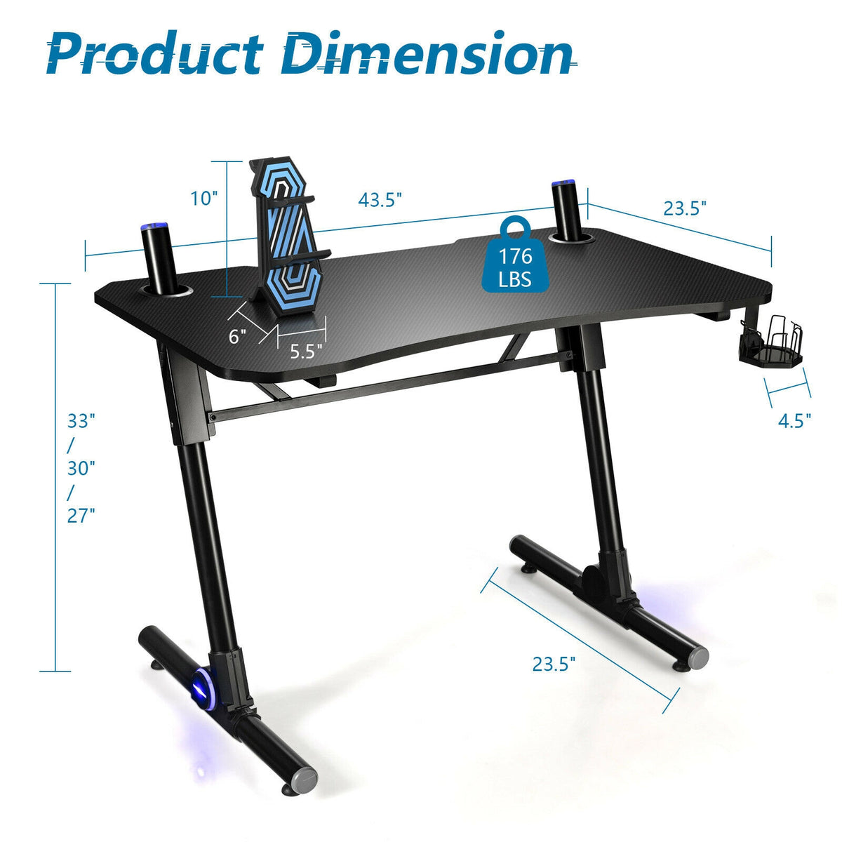 43.5" Height Adjustable Gaming Desk with Blue LED Lights